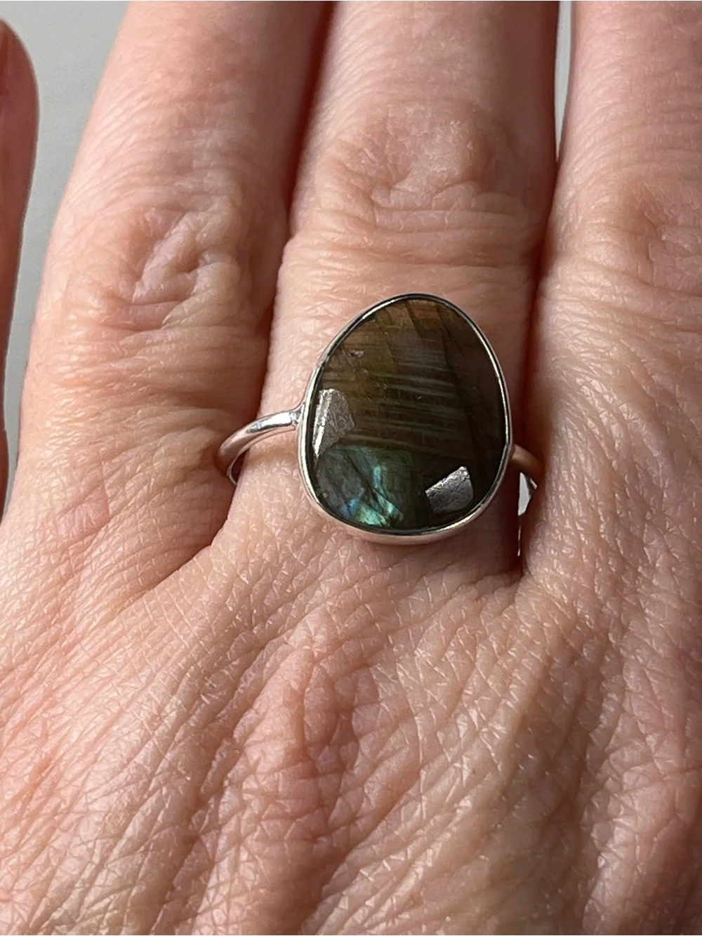 Solid Sterling Silver 925 Labradorite Gemstone Flat Stacker Ring Size 8.75
